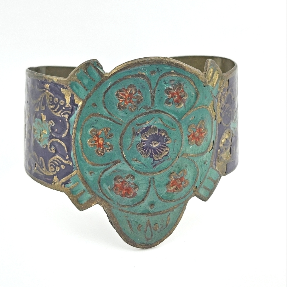 Vintage Patina Rare Brass Turtle Turquoise and Purple Cuff Made In India
